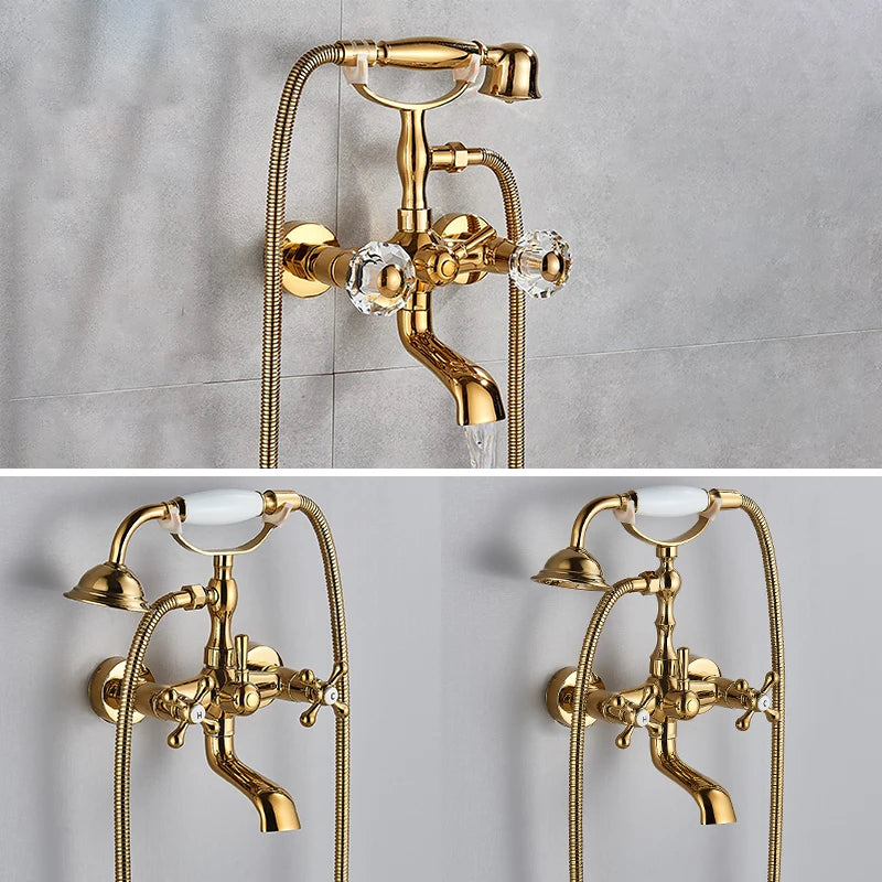 Telephone Style Golden Waterfall Bathtub Faucet Bathroom Brass Bath Faucets Waterfall Rotatb Spout Hot&Cold water Shower tap set