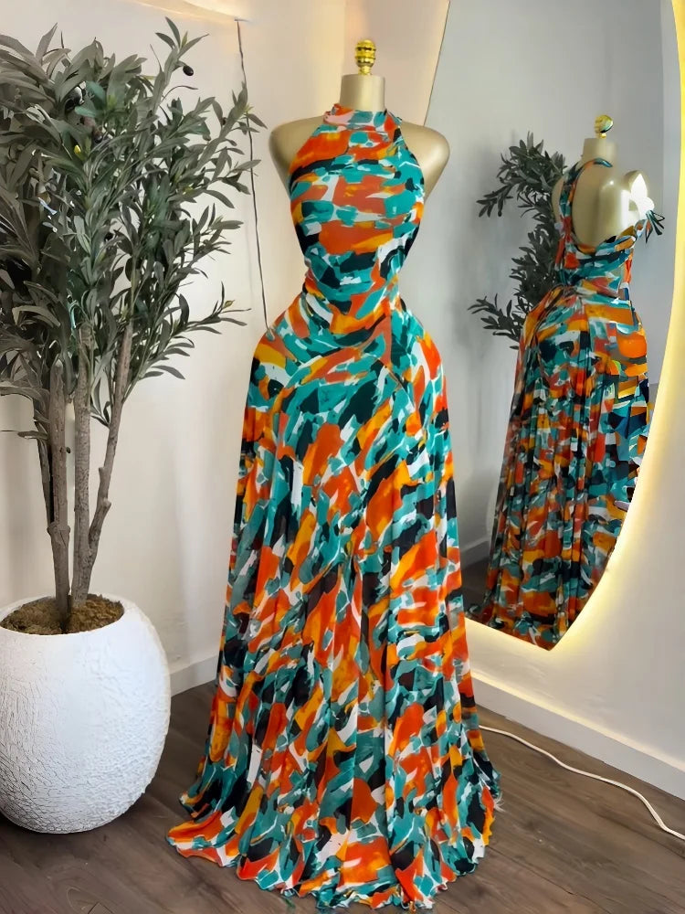 GLCMYAYA 2025 Fall Women O-neck Sleeveless Print Mermaid Maxi Dress Evening Birthday Beach Sexy Night Party Long Dresses