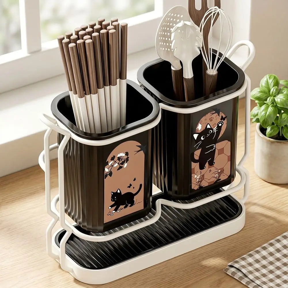Cute Cat Kitchen Storage Basket Durable Standing Chopsticks Holder Organizer No-drill Tableware Drainer Kitchen