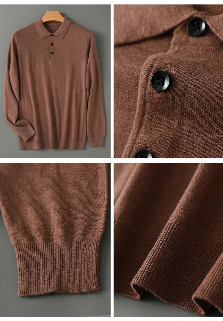 Men's Worsted Wool Kknit Pullover, Business Casual Polo Neck Sweater, Monochromatic Loose Top, Autumn and Winter Fashion, New