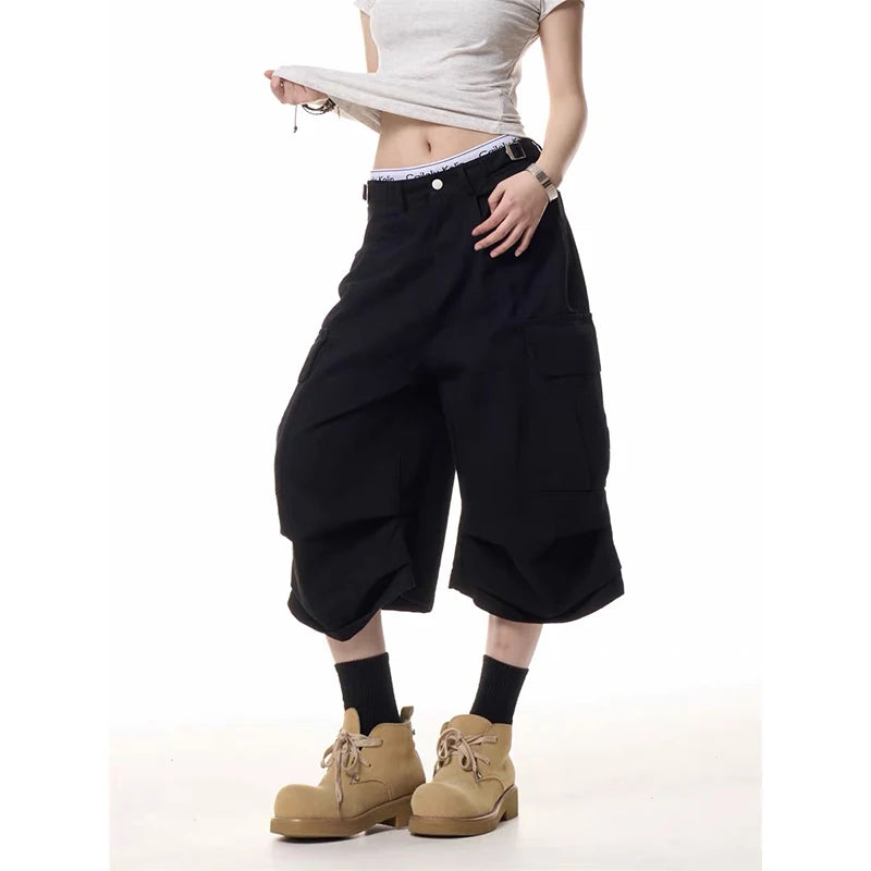 ZHIZOU Summer Women American Retro Black Jeans Shorts Y2K 2000s Harajuku Baggy Cargo Denim Shorts Streetwear High Street New