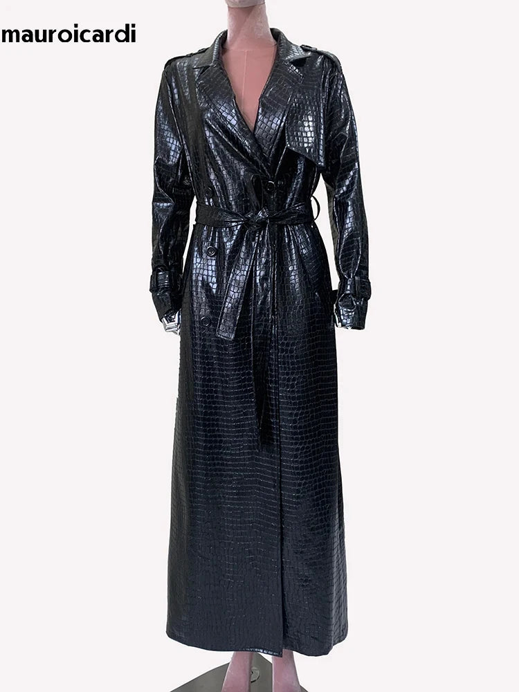Mauroicardi Spring Autumn Extra Long Shiny Reflective Crocodile Print Pu Leather Trench Coat for Women Luxury Designer Clothes