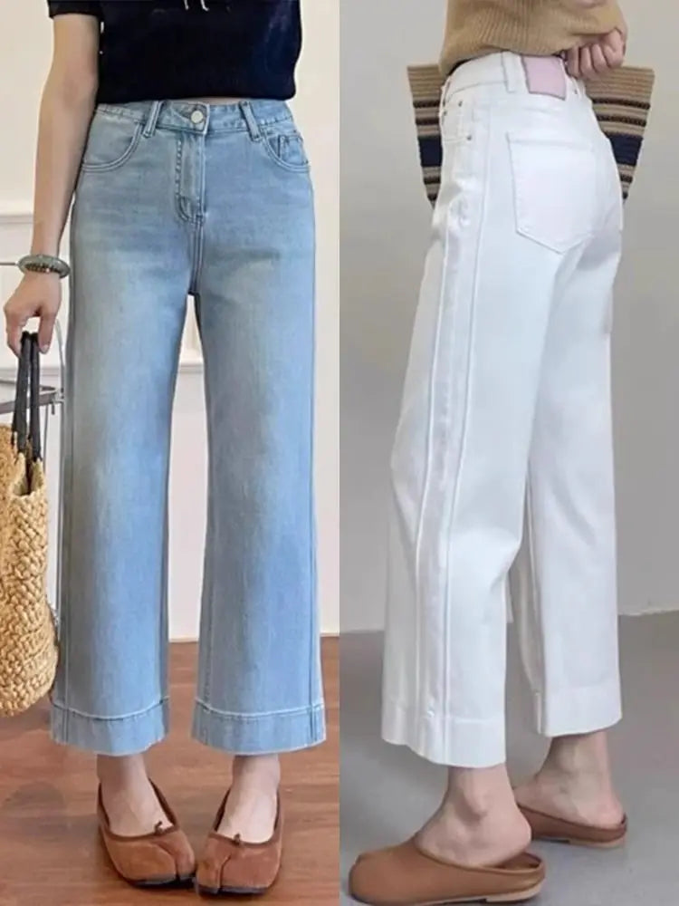 Retro Fashion Solid Color Holiday Denim Straight Pants Women's Summer Large Size High Waist Thin Wide Leg Nine-point Pants
