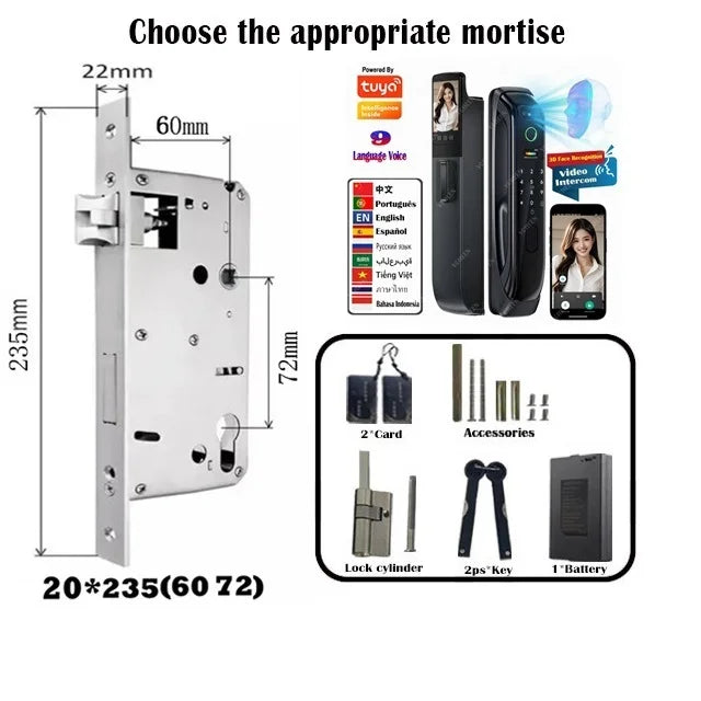 5050 5072 5572 4585 6085 Mortise Tuya WiFi Video Intercom 3D Face Recognition Smart Lock Biometric Camera Auto Keyless Lock