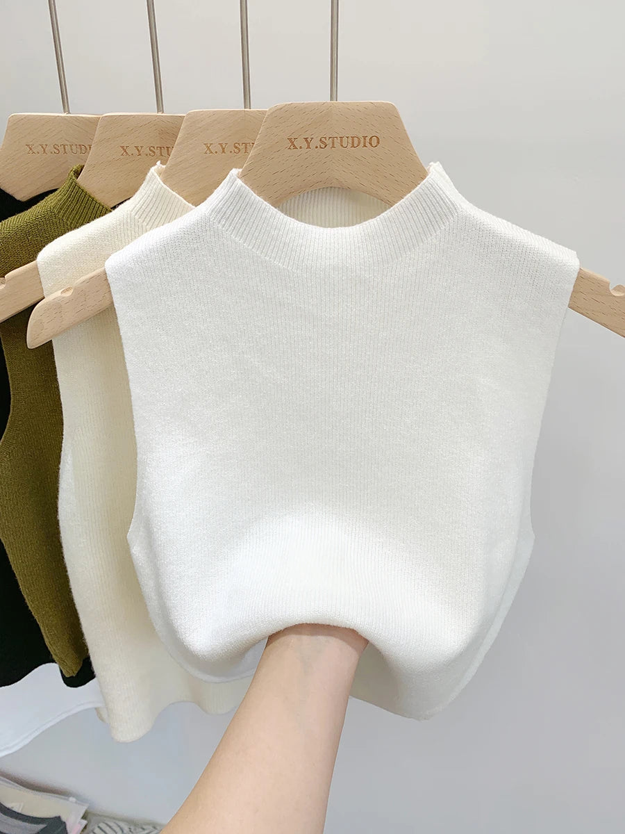 2026 Women Knitted Tank Top Spring Summer Slim Sweater Short Sleeveless Solid Spring Autumn Sweaters Pullovers
