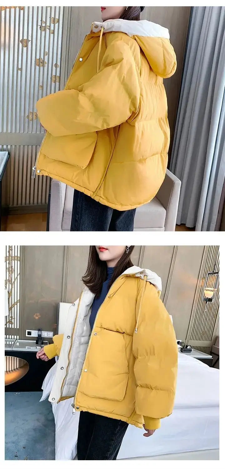 2024 Winter Korean Warm Female Puffer Coat Pocket Solid Parkas Padding Long Sleeve Thick New in Outerwears Hooded Women's Jacket