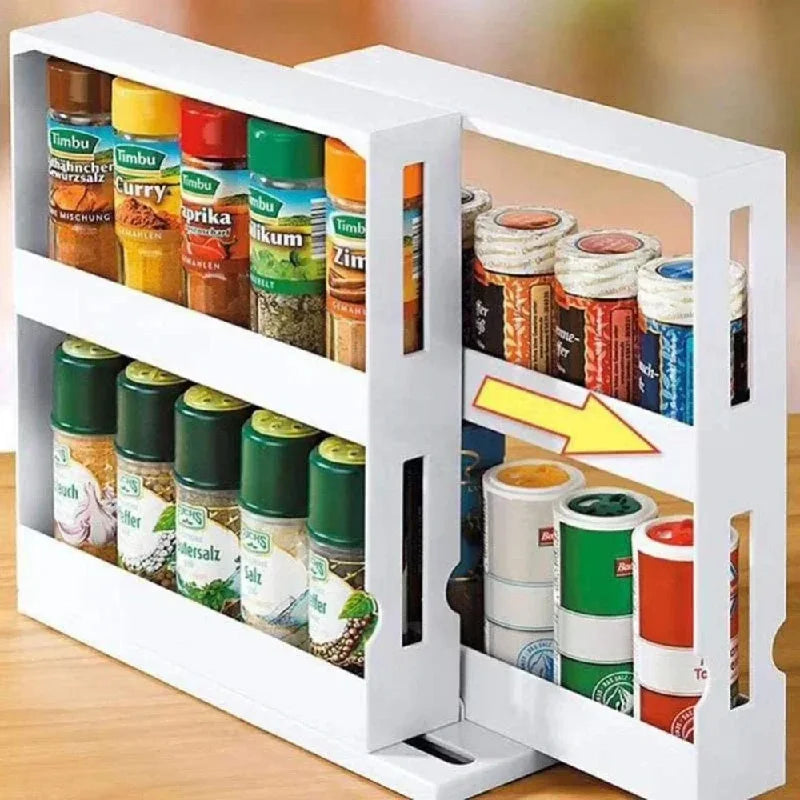2-Tier Rotating Spice Organizer Rack - Slide Out Storage Shelf for Kitchen Cabinet, Cupboard and Countertop Multi-Function Use