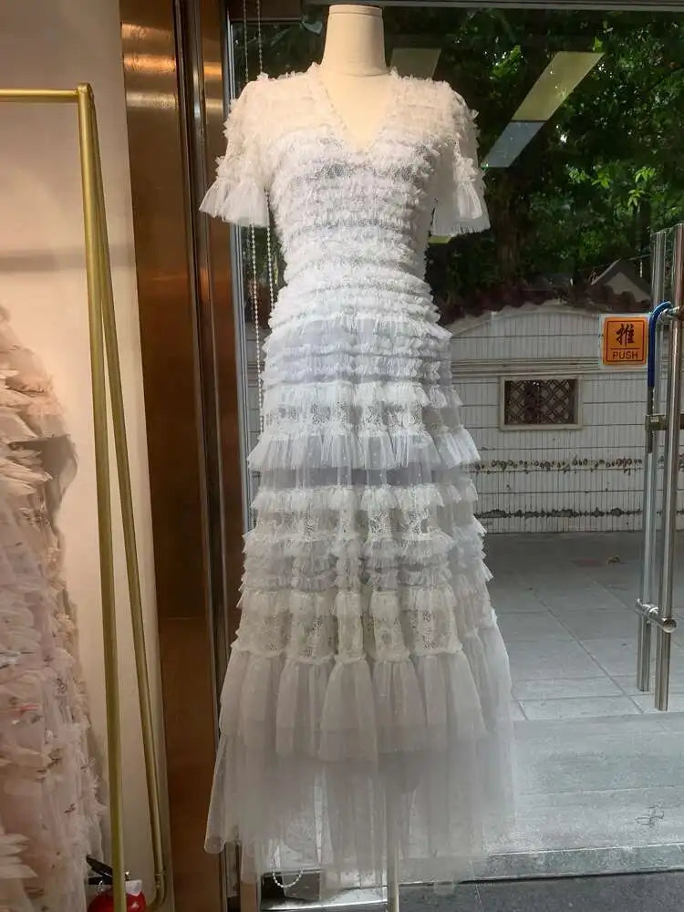 Eshin Elegant Midi Dress Short Sleeve Summer Spring New Fashion Design Women Runway Mesh Ruffles V-Neck Party High Street TH6731