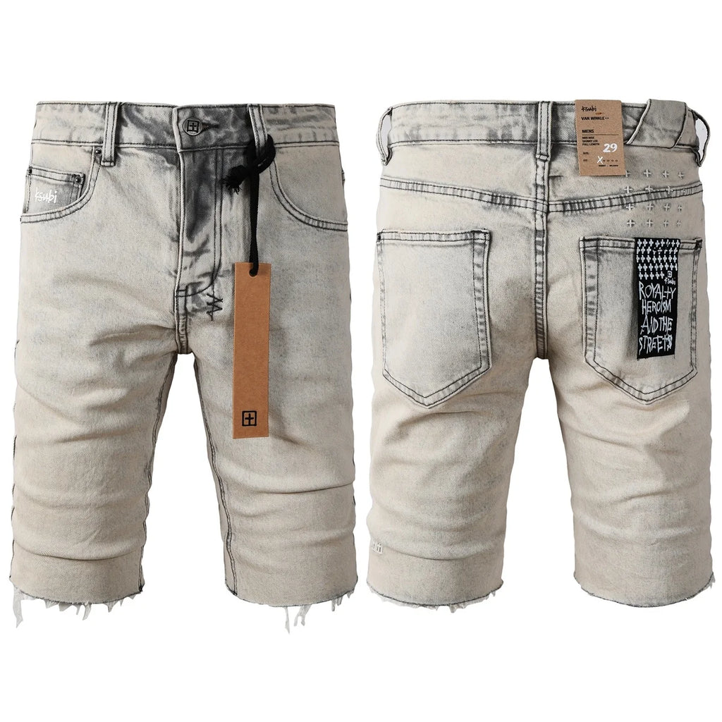 2026 Hot New Men's Blue Acid Washed Denim Shorts Distressed Ripped Embroidered Slim Fit Casual Shorts Streetwear Bottoms