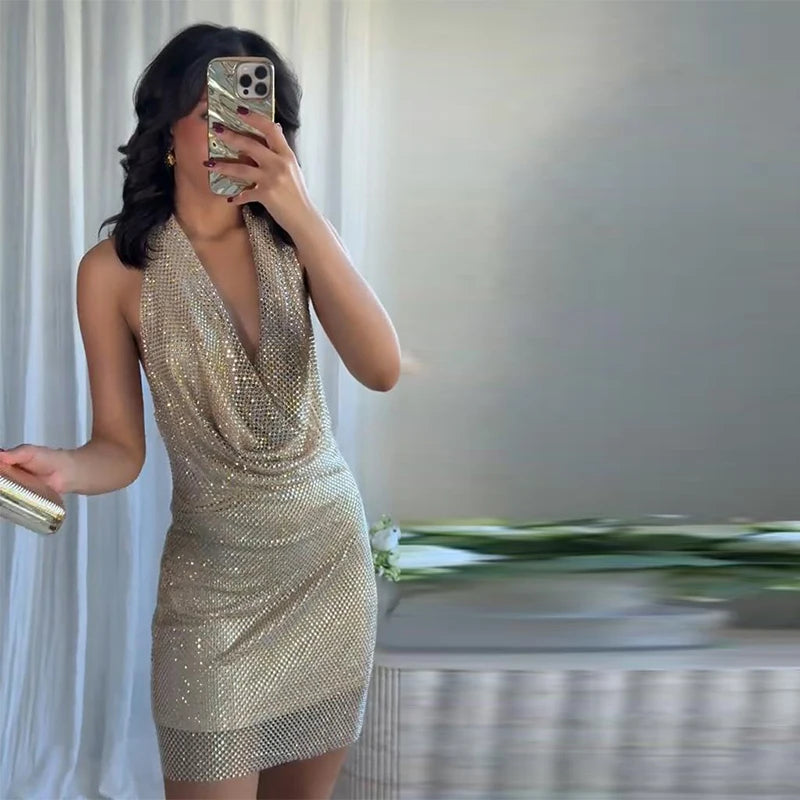 Sexy Diamond Halter Dress Women Shinny Sleeveless Backless V-neck Slim A-line Dresses Female 2026 Spring Summer Party Lady Robes