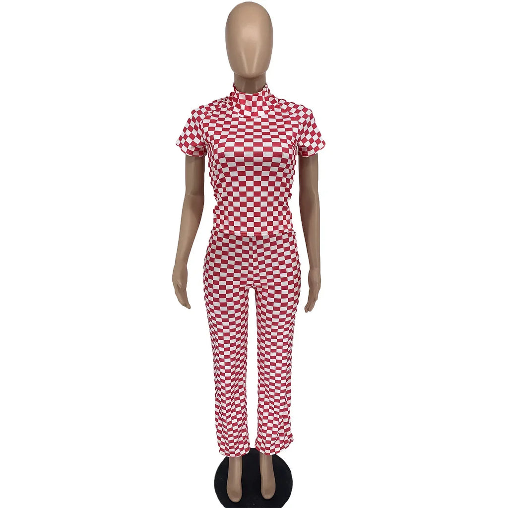 European and American Women's Fashion Fashion Design New Women's Spring Small Pit Strip Printed Checker Slim Two-piece Set