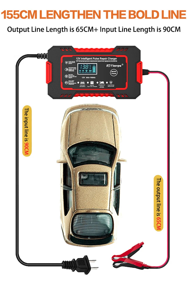 Car Battery Charger 12V 6A Touch Screen Pulse Repair LCD Fast Power Charging Wet Dry Lead Acid Digital LCD Display
