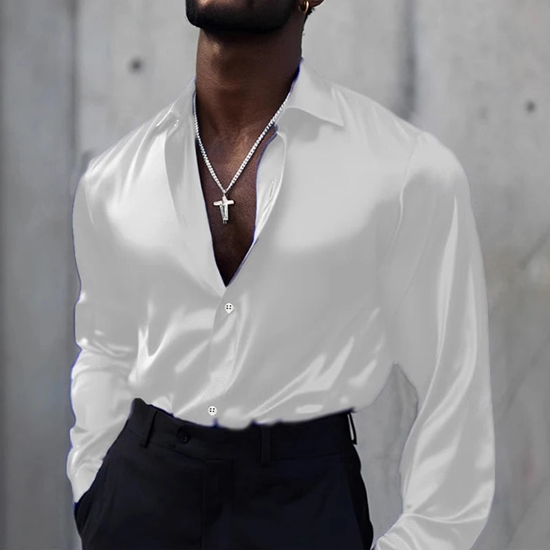 2025 Spring Fashionable Mens Silk Shirt Stylish Solid Color Long Sleeve Button-up Shirts Men New Casual Turn-down Collar Shirt