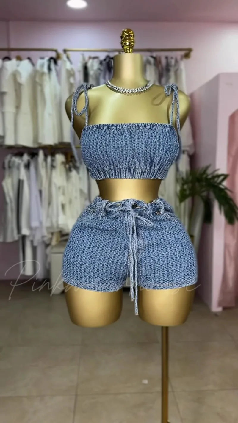 Women Fashion Sexy Denim 2 Piece Set Strapless Lace Up Spaghetti Straps Camisole Crop Tops + High Waist Shorts Casual Jeans Suit