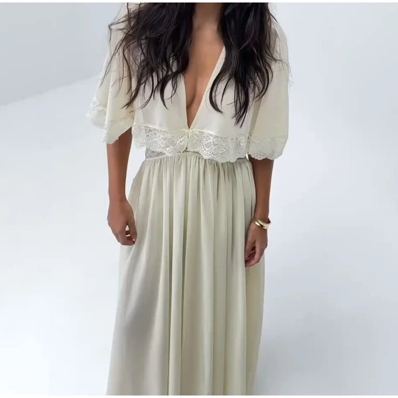 Lightweight Chiffon V-Neck Lace Insert Waist Maxi Dress Cutout Puff Sleeve 2026 Summer Women Party Dress Trendy Chic Lady Outfit