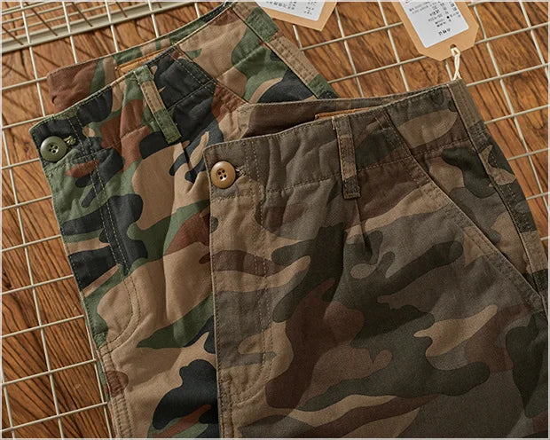 Summer New Camouflage Workwear Shorts Loose Men's Fashion Brand American Retro Casual Multi-Pocket Shorts Polyester Fiber