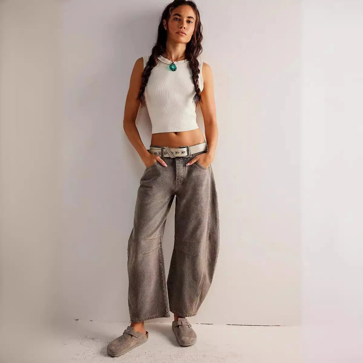 Cotton Denim Long Jeans for Women Trousers Casual High Waisted Jeans Cropped Pants Spring Summer Boho Beach Ladies Baggy Jeans