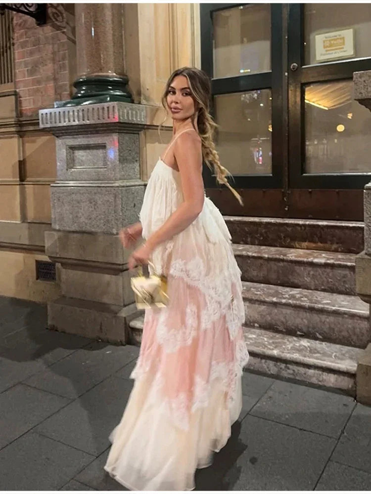 Romantic White Pink Tiered Lace Maxi Dress Spaghetti Straps Cross Back Tie Closure Flowy Skirt Women Date Party Vacation Outfit