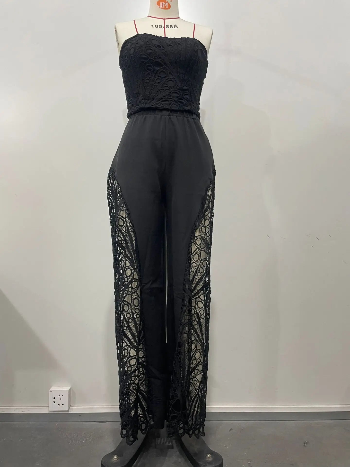Women's Solid Color Pants Sets Hollow Out Lace Tube Top Cropped Top High Waist Trousers Two Piece Set Sexy Hot Girl Streetwear