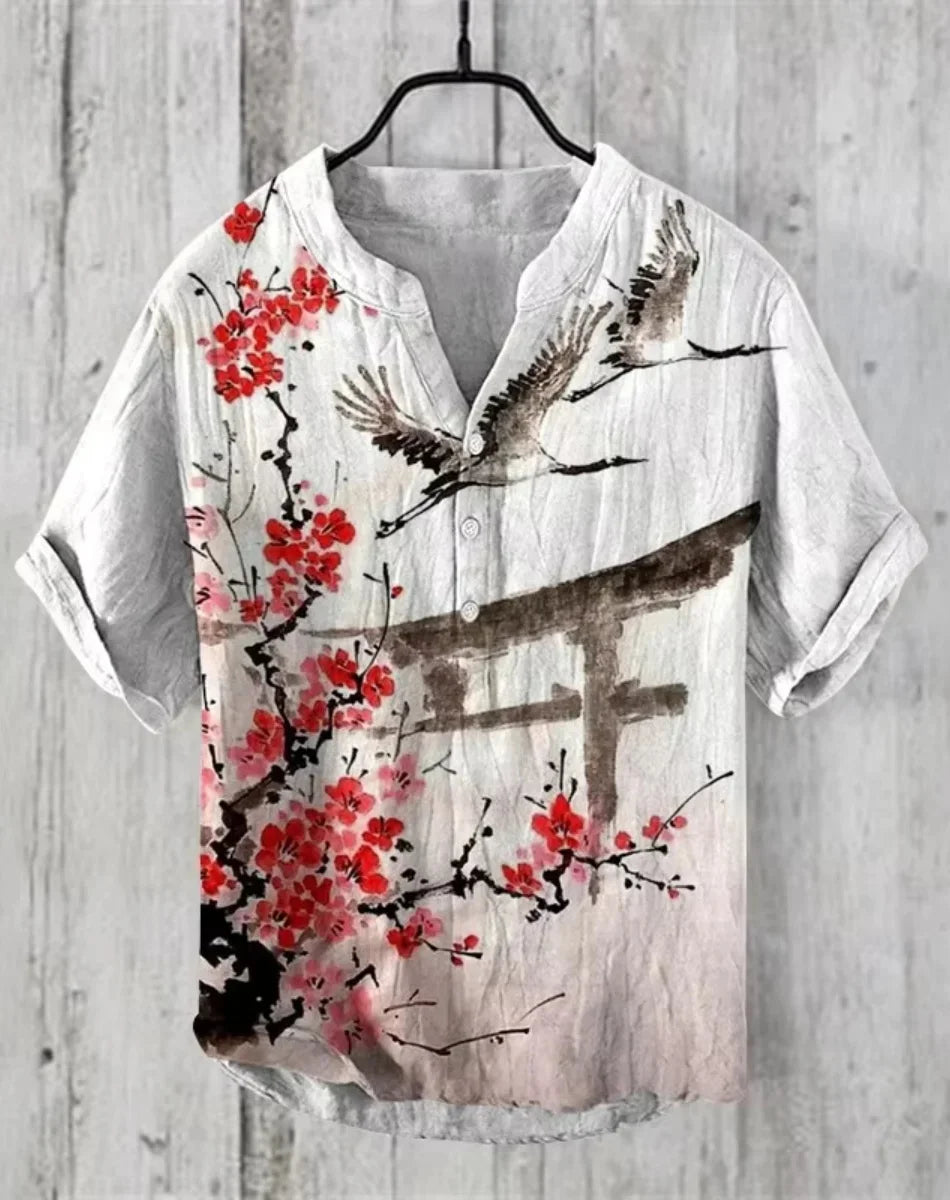 Hot sale Henry shirt 2025 summer men's casual short-sleeved T-shirt floral print top linen blend comfortable fabric XS-6XL size