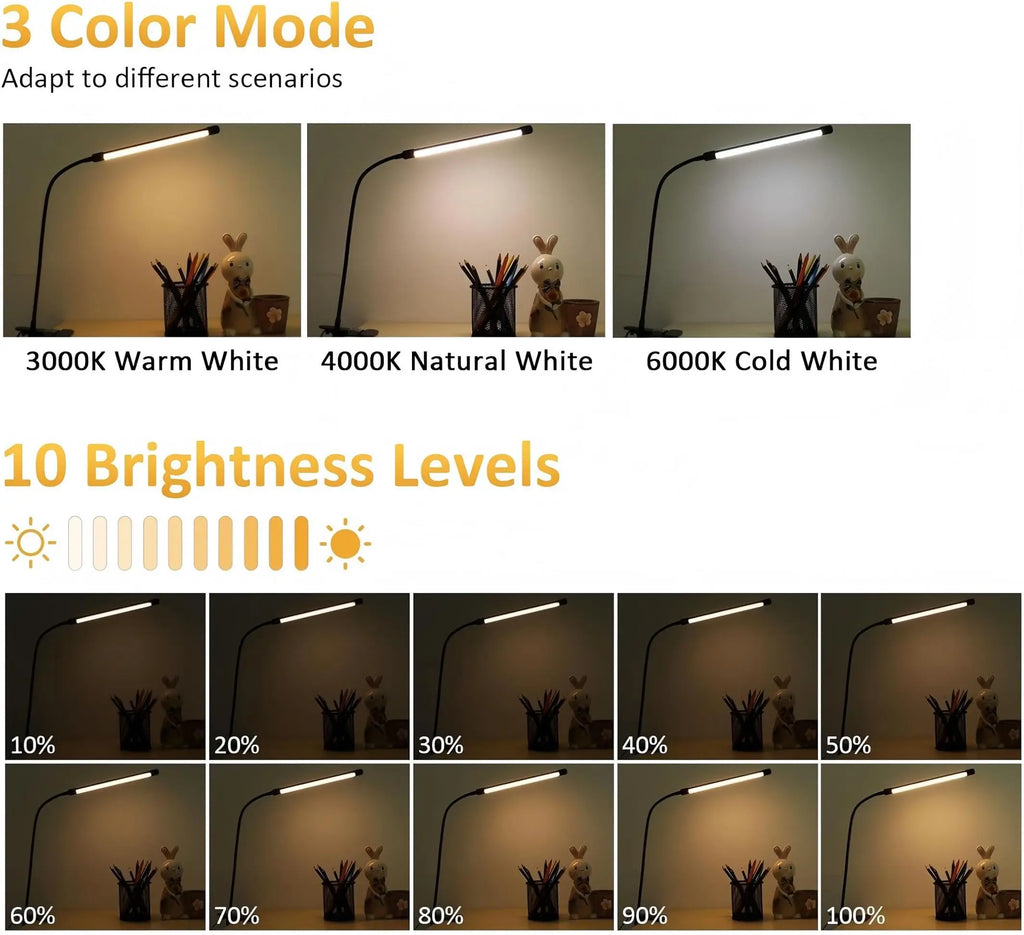 LED Clip-on Reading Light,with 3 Modes and 10 Adjustable Brightness Levels,for Bedside,Workbench,Drawing,USB Adapter Included