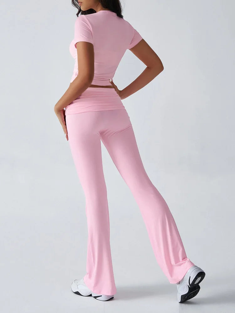 Women's Sexy Tops Suits 2026 Summer Latest Casual Solid Color Yoga Suit Slim Fit Sports Short Sleeved Pants Two-Piece Set Outfit