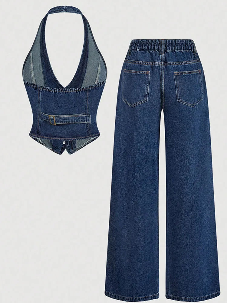 Retro Denim Pants Sets for Women Fashion Sleeveless Single Breasted Halter Tops High Waist Loose Jeans Simple Trend Casual Suits