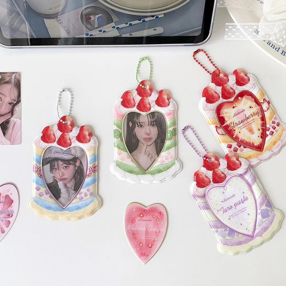 Fashion Cartoon Strawberry Cake Bag Pendant 3-Inch Card Holder Cute Girls Idol Photo Storage Card Bag Decoration Keychain Gifts