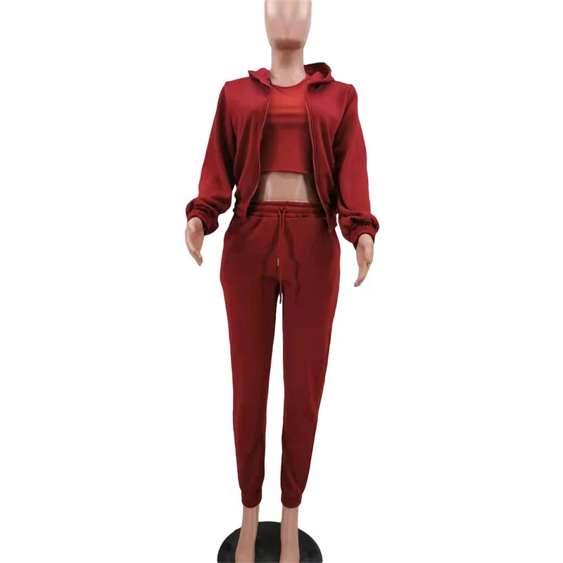 Active Wear 3 Piece Sets Womens Outfits Tracksuit Hooded Jacket Top + Vest + Sweatpants Sporty Suit Fitness Casual Matching Sets