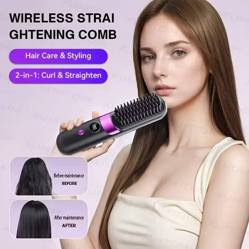 Portable Mini 2-in-1 Hair Straightener and Curler, Wireless USB Rechargeable, For Home & Travel Use, With LCD Display