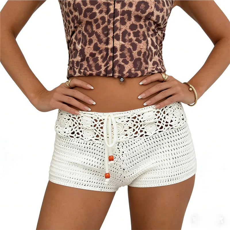 Boho Crochet Knit Shorts Women Hollow Out Asymmetrical Drawstring Waist Beach Hot Pants Festival Rave Outfit Summer Streetwear