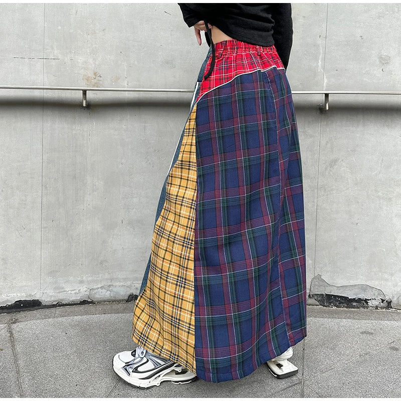 High Fashion Denim Skirt Women Elastic High Waist A-Line Long Skirt Female Colorful Patchwork Plaid Jean Skirt