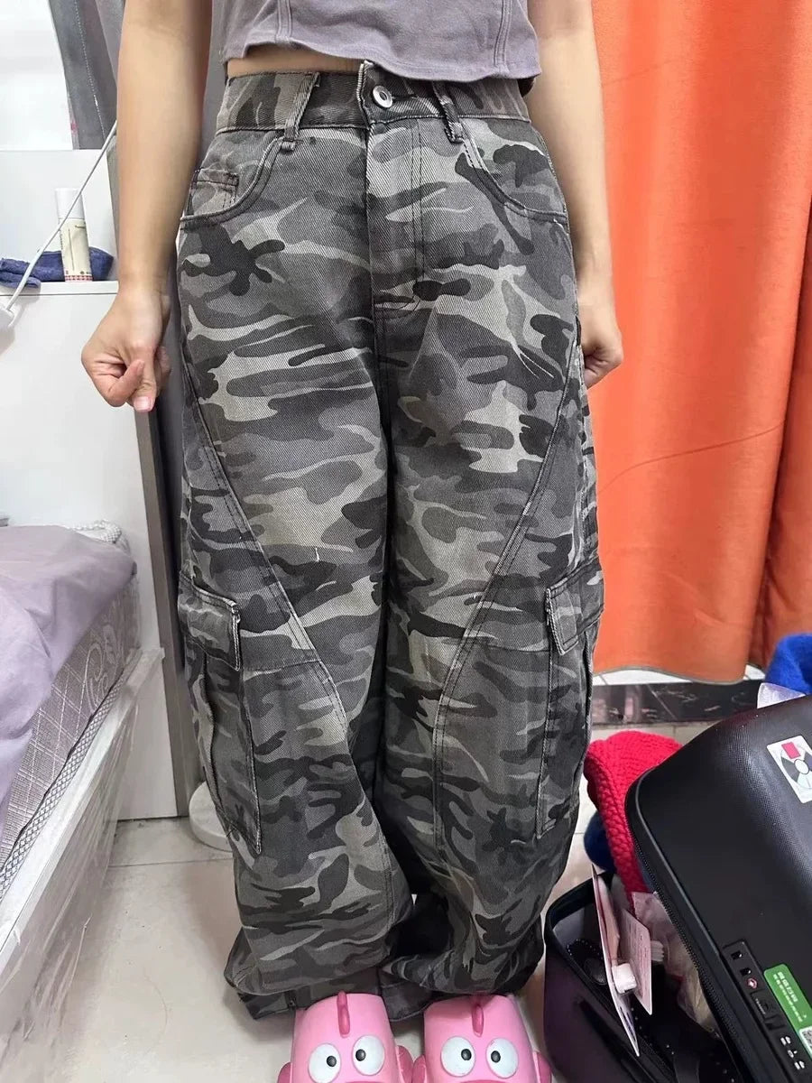 High Waist  Vintage Mutil Pockets Camouflage Jeans Women Hip Pop 2000s Baggy Y2K Denim Pants American Retro Wide Leg Trousers