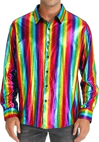 Metallic Shiny Polyester Dress Shirts for Men Black Solid Gold Red Silver Long Sleeve Turn Down Collar Prom Disco Men's Shirt