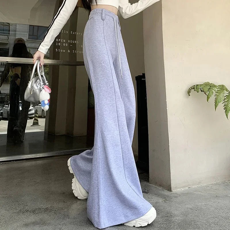 Girls Designer High Waist Flared Pants Lady Korean Slim Fit Casual Trousers Women Chic Drawstring Straight Leg Pants