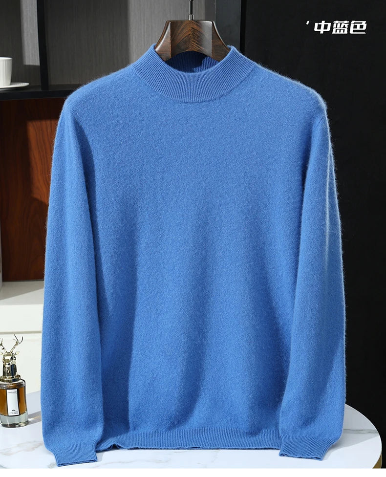 Autumn/Winter Men's 100% Pure Cashmere Pullover Business Casual Solid Knitted Sweater Loose Half High Neck Tops Thick Jumper