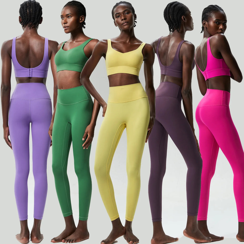 Two Pieces Fitness Yoga Set Women Solid Color Stretchy Soft Gym Suit Breathable Quick Dry Running Sportswear Workout Clothes