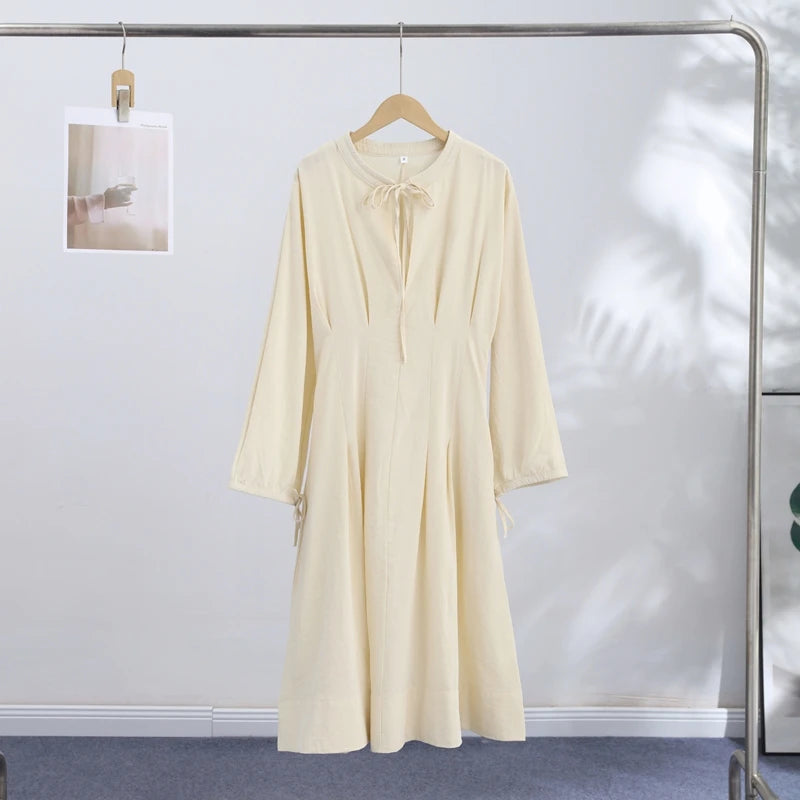 Casual Cotton Midi Dress Women O Neck Lace Up Lantern Sleeves Slim Waist A Line Robe Female 2026 Summer New Chic Solid Dresses