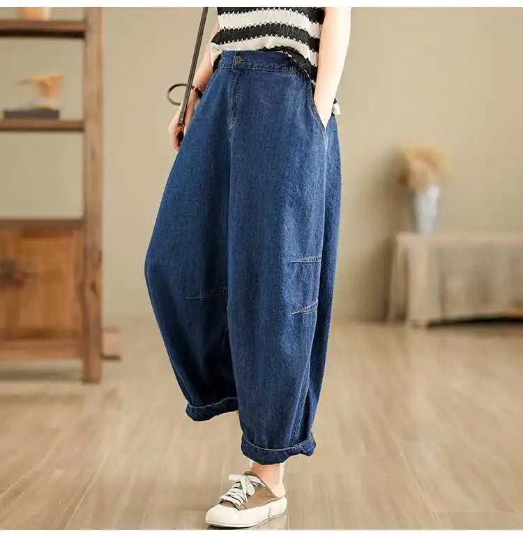 2026 New Women's Retro Literary Baggy Jeans Simple Versatile Wide-leg Washed Denim Trousers Casual Streetwear Ladies Harem Pants