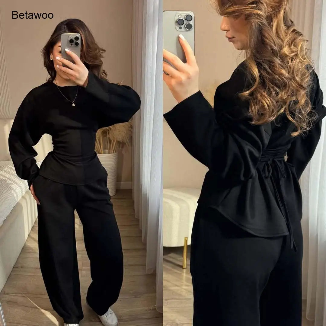 Women's 2 Piece Long Sleeve Top and Wide Leg Pants Set Casual Solid Color Pullover Sweatshirt and Trousers Lounge Wear Outfit