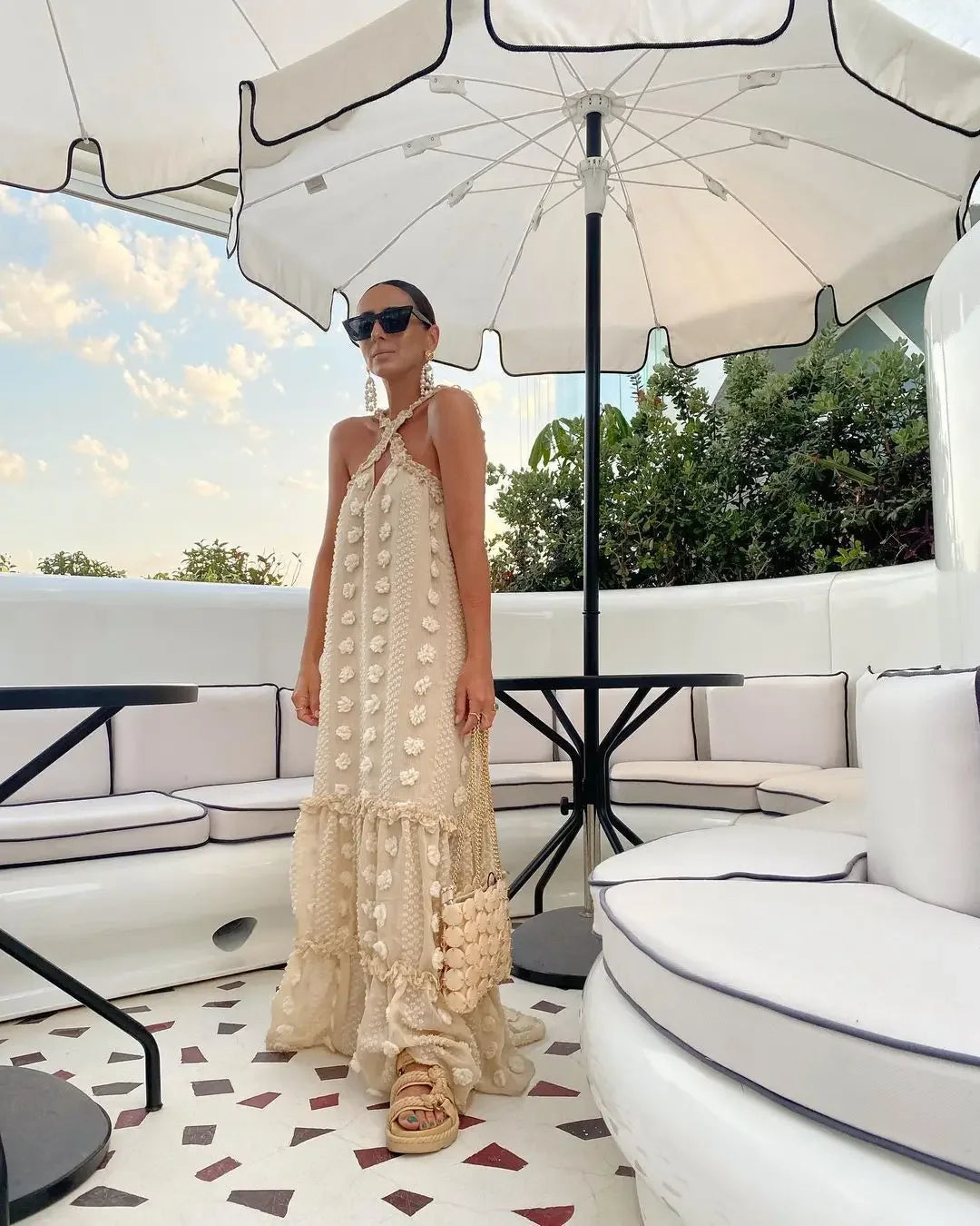 Sleeveless Halter Maxi Summer Dress for Women Fashion Ruffle Beach Long Robe 2025 Elegant Slip Holiday Hollow Out Sundress