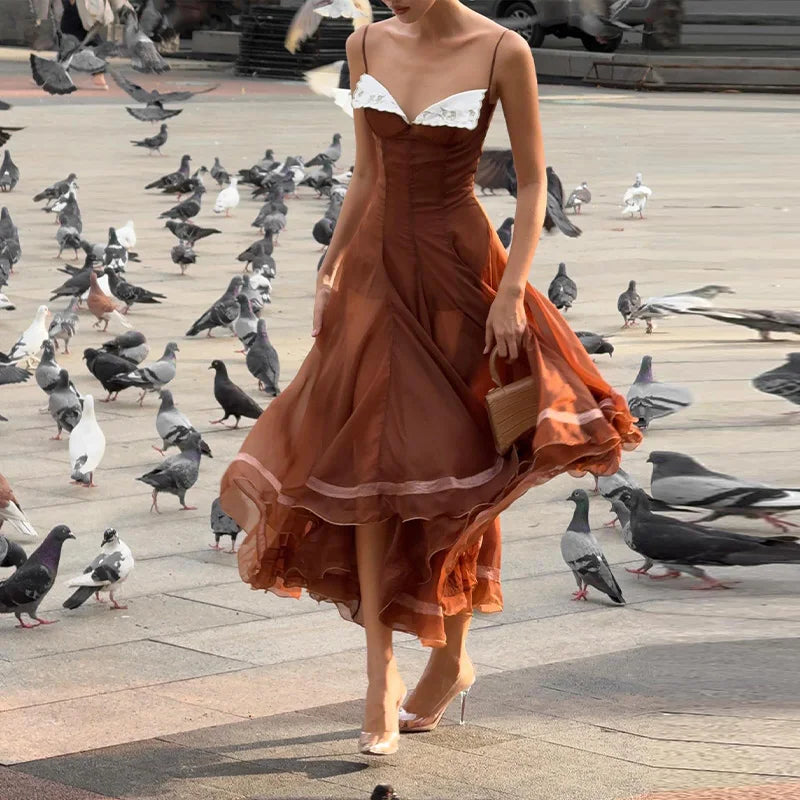 Elegant Pleated Women's Dress Sleeveless Backless Patchwork Waist-Closed Ruffle Hem Sling Maxi Dresses 2026 Summer Female Robe