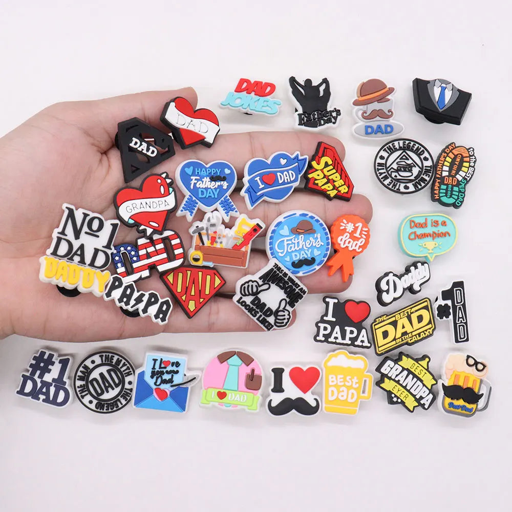 1-34PCS Cartoon Papa Happy Father's Day Best Dad Heart PVC Shoes Charms Accessories Buckle Clog Decorations DIY Bracelet
