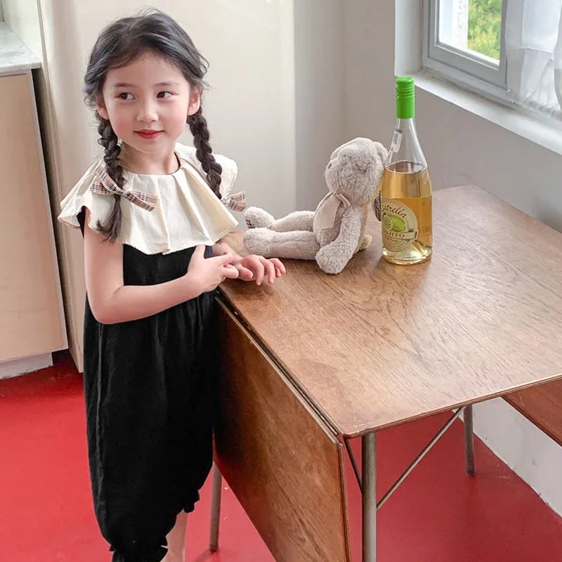 Girls' Jumpsuit with Ruffle Collar and Loose Leg Detachable Rompers Summer Outfits New Fashionable Casual Children's Clothing
