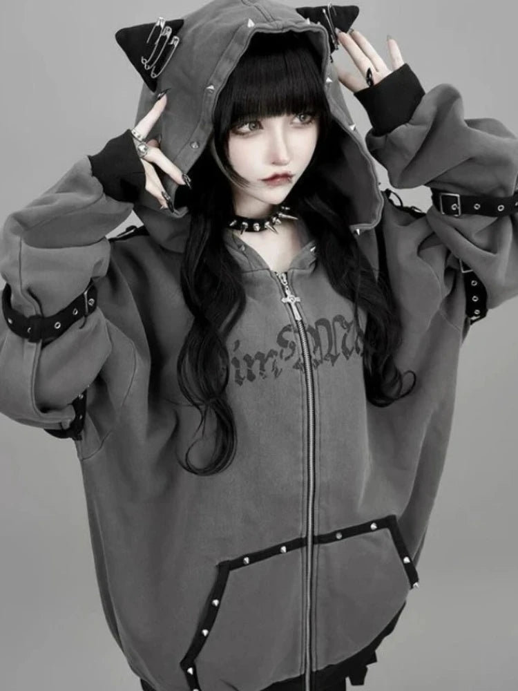 Black Cat Ear Zip Up Hoodie Japanese Subculture Women Devil Pinstripe Heart Print Oversized Metal Buckle Punk Streetwear Outfit