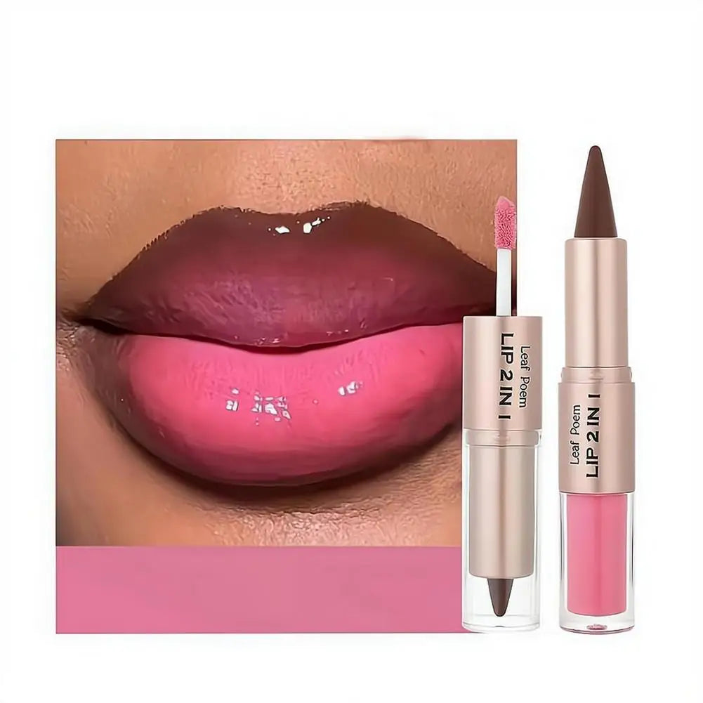 Waterproof Contour Non Stick Makeup Double-headed Matte Mirror Design Lip Glaze Nude Brown 2-in-1 Tapered Gradient Lip Liner Pen