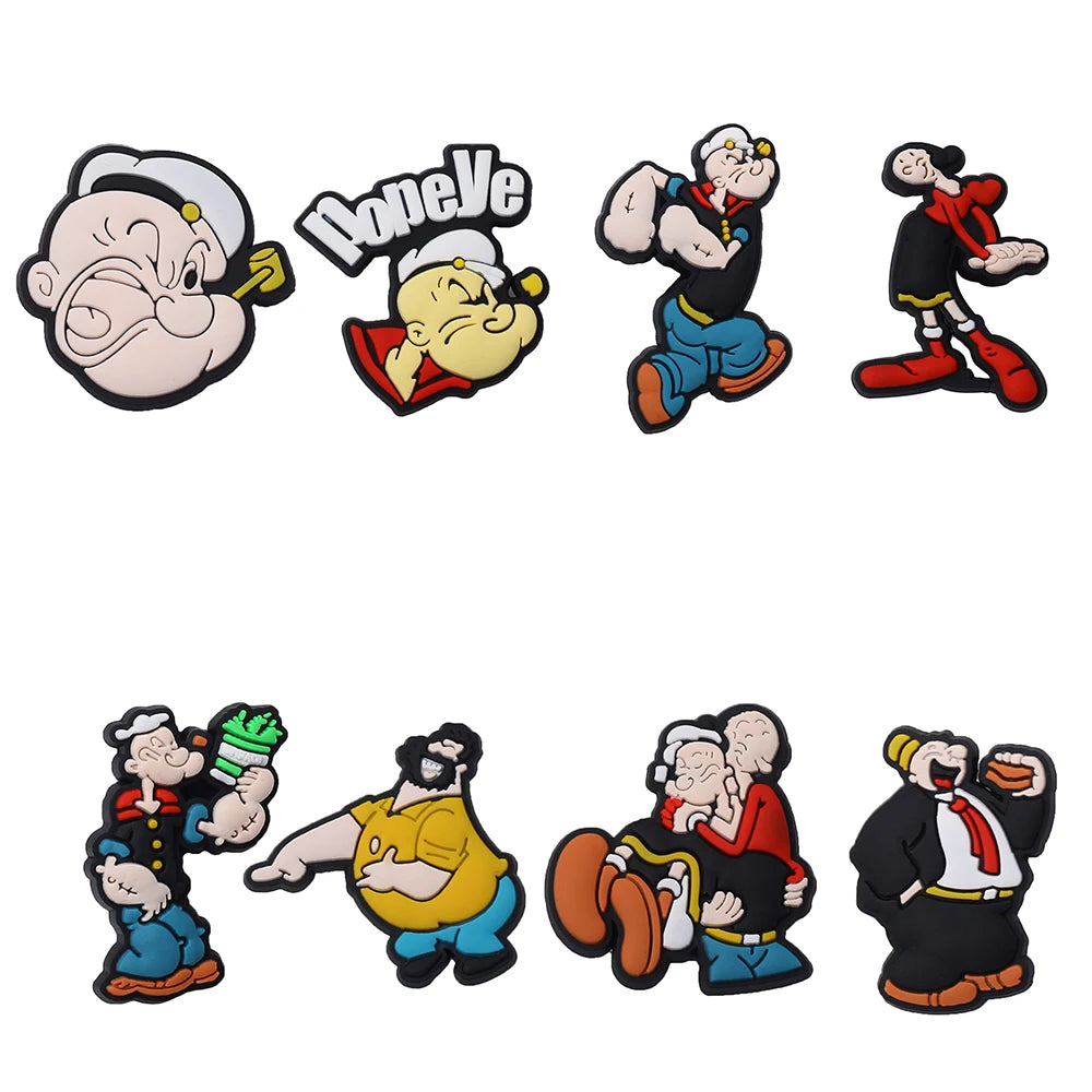 1-8pcs Hot toys Popeye PVC Cute Cartoon shoes Charms Accessories DIY Detachable Waterproof PVC Shoe Decorations for Party Gifts