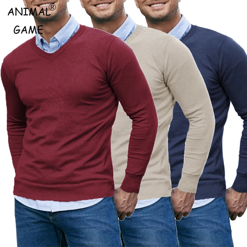 Men's V Neck Sweater Knitted Pullover Casual Soft Lightweight Long Sleeve Dress Sweater Autumn Breathable Slim Fit Sweaters
