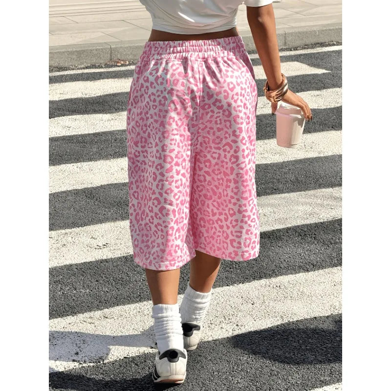 Women's Leopard Print Drawstring Waistband Wide Leg Shorts, Versatile Casual Daily Wear, Recommended for Summer Fashion