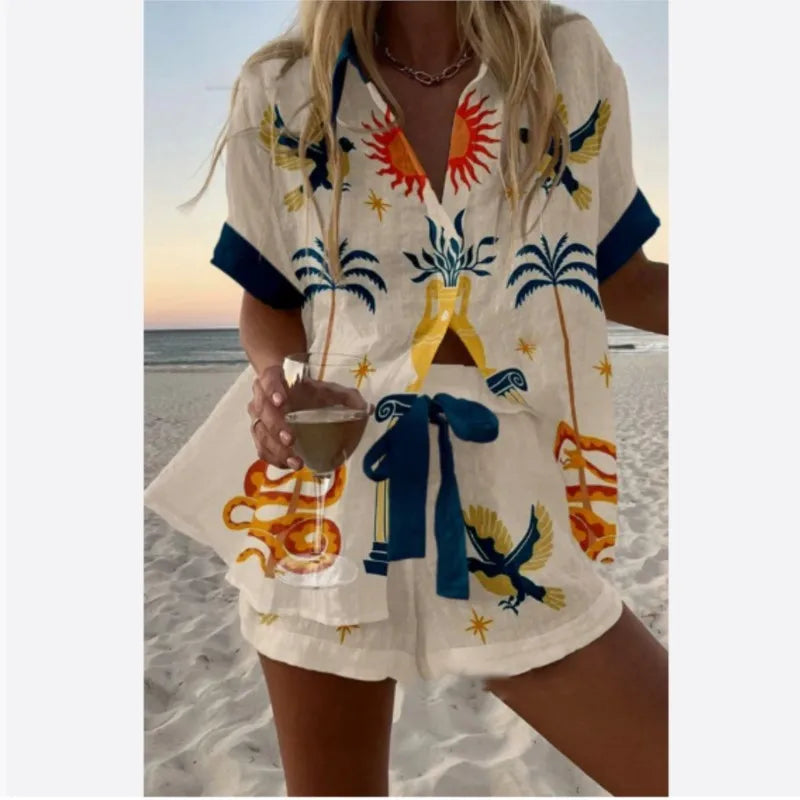 2025 New Summer Vacation Shorts Set 3D Printed Seaside Tropical Casual Lapel Shirt Blouse Top Shorts 2-Piece Suits Beach Holiday